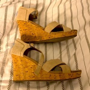 Toms heels - worn once, perfect condition, 4” cork heel, size 11, tan cloth